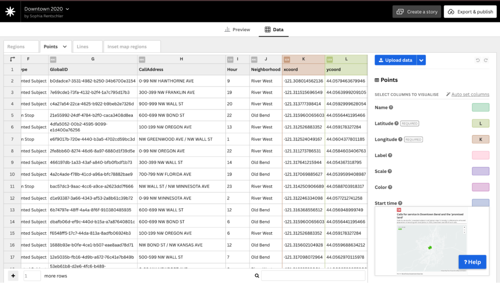 In the “data” tab of Flourish, users can import region, point and line data and assign these values to different categories using the panel on the right.