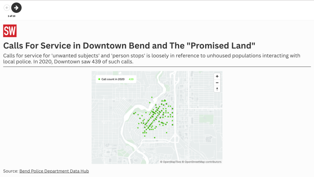 The Source created a data hub to compare the amount of calls for service across two regions of Bend, Oregon: the current downtown and another region of the city that has locals chattering about potential for urbanization.