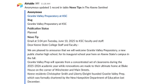 An example of a news tip automated to be sent from Airtable to Slack