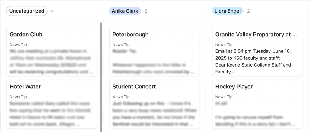 The “editor” view on Airtable shows who is tracking and following-up with each tip.