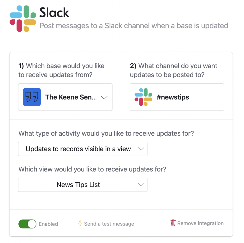 The Slack and Airtable integration that sends changes to the “News Tips List” on Airtable to the “#newstips” channel on Slack.