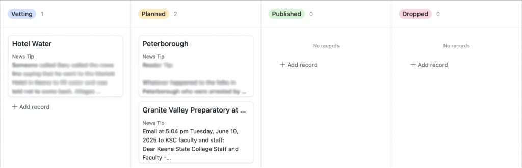 The “status” view on Airtable shows where a story is in the editorial process.
