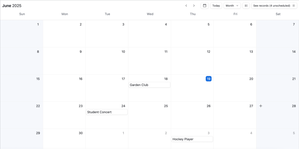 The calendar view on Airtable shows news tips that are events happening on a specific day.