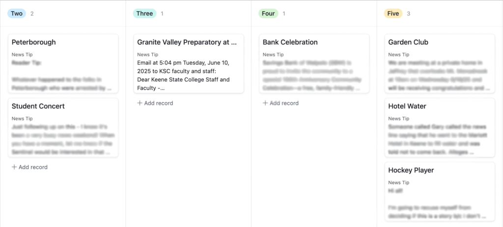 The “priority” view on Airtable shows which tips are of the highest and lowest priority.