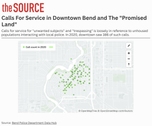 A map showing the calls for service in Downtown Bend