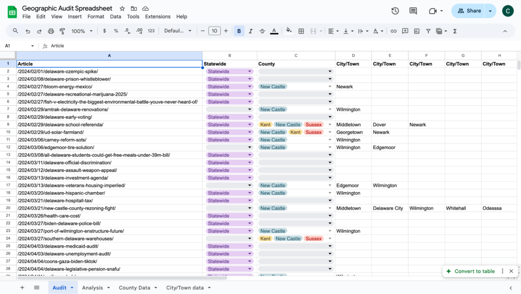 Geographic audit spreadsheet