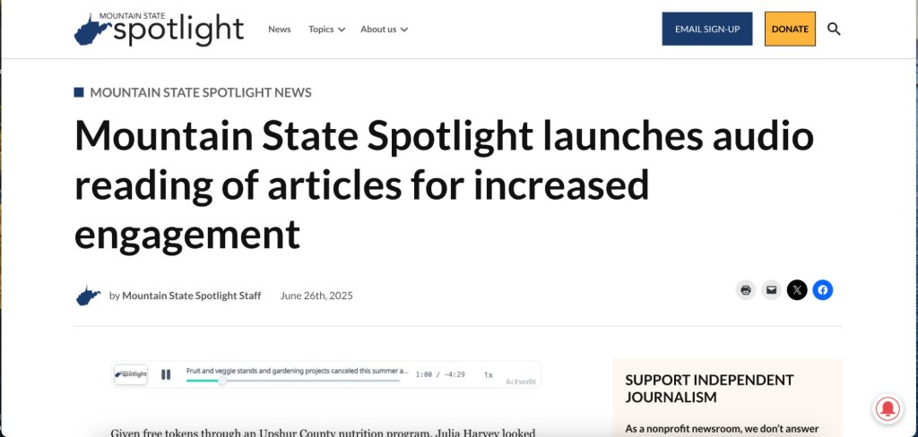Screenshot from Mountain State Spotlight about audio reading service
