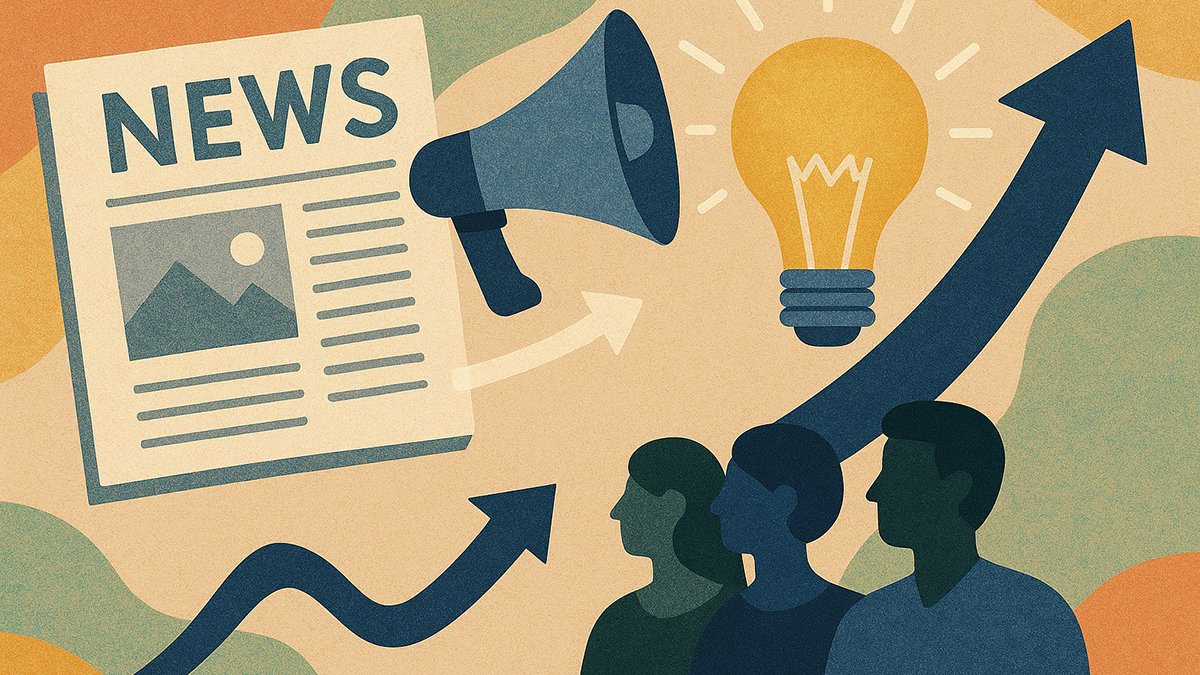 AI-generated illustration featuring three people in profile with a simplified image of a newspaper, a bullhorn and a lighbulb above their heads, with curved lines wth arrowheads in the background.