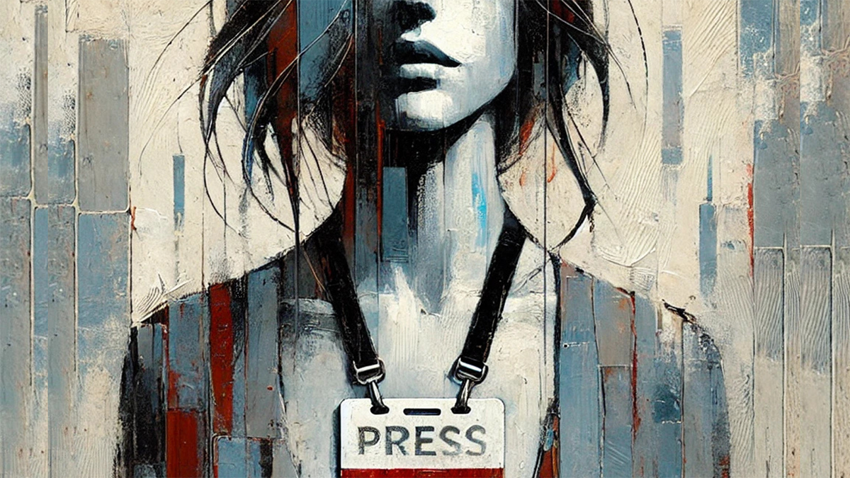 AI illustration of a woman wearing a press pass.