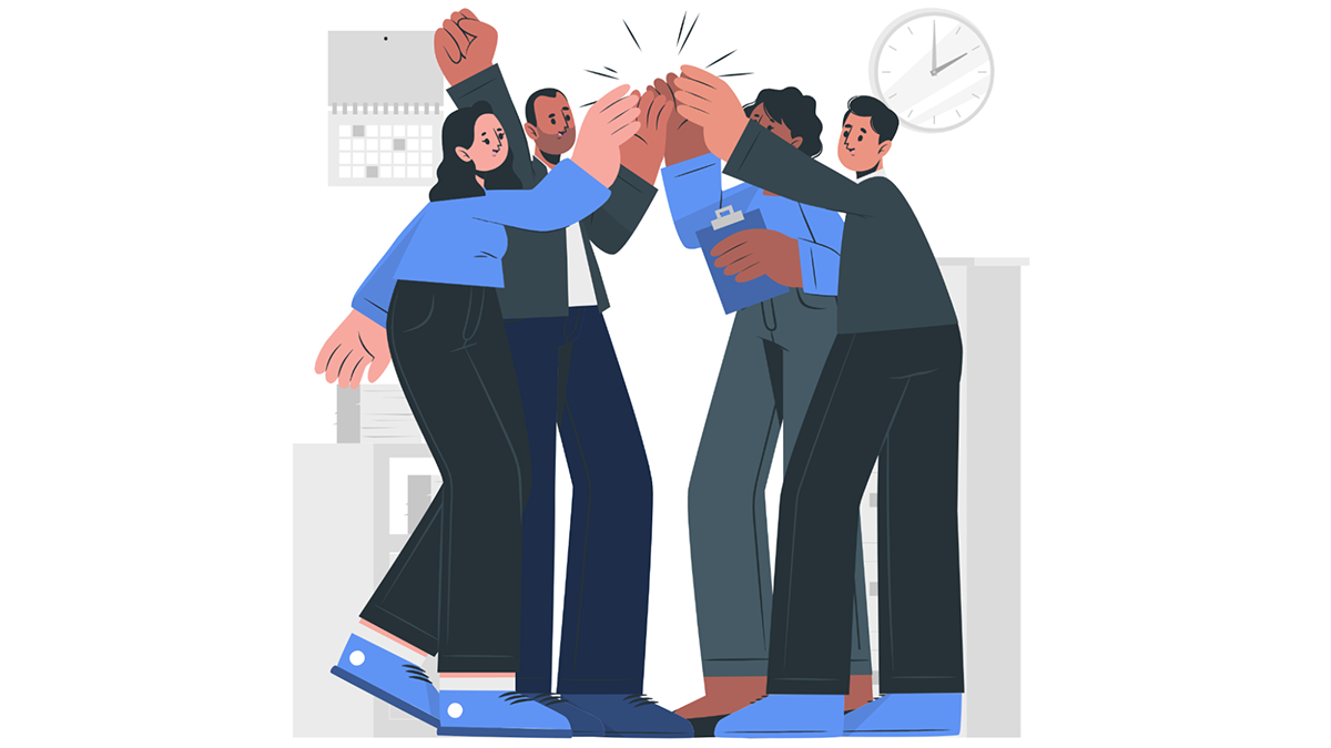 Illustration of a work team giving a group high five.