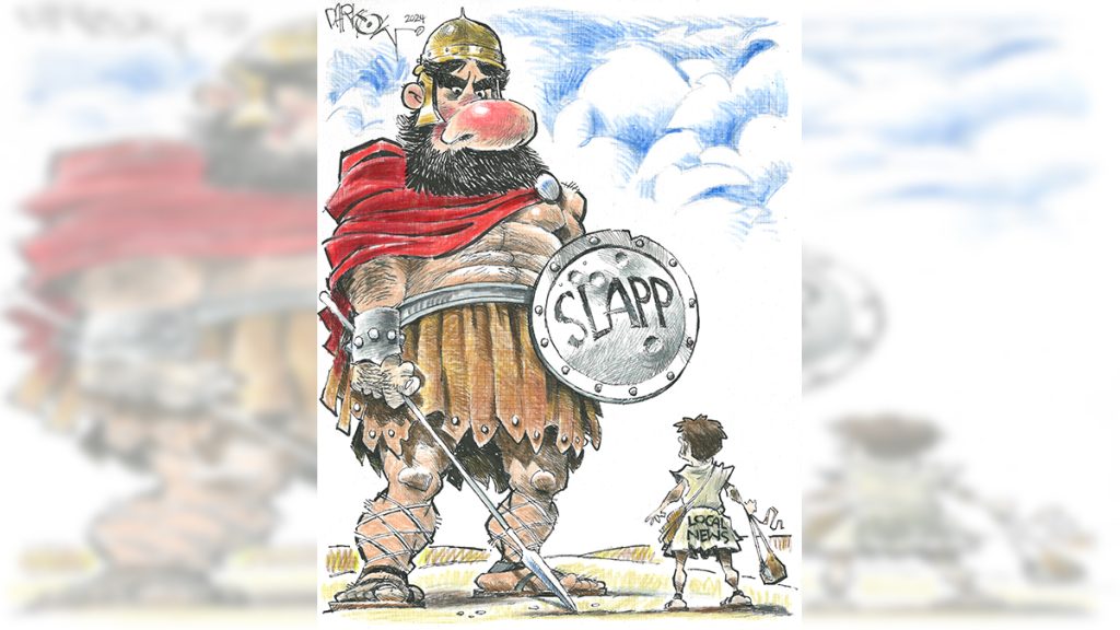 A cartoon feature Goliath, with SLAPP written across his shield, facing a tiny David, with Local News written across the back of his tunic.