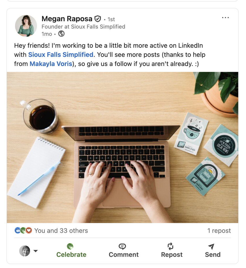 A screenshot of a post that Megan Raposa made at the beginning of this experiment. It received 34 reactions and one repost. 