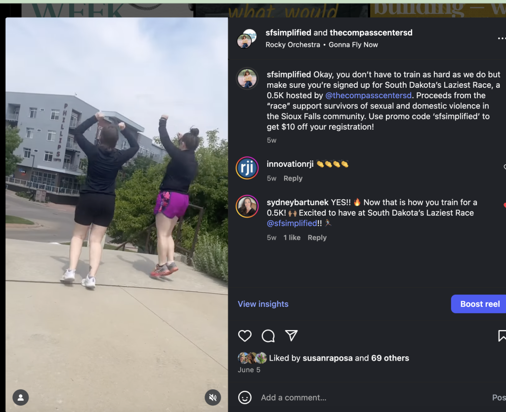 Makayla Voris and Megan Raposa jump up and down in a parody of the staircase scene from “Rocky.” Megan’s oldest daughter chipped in as our videographer for the day! 