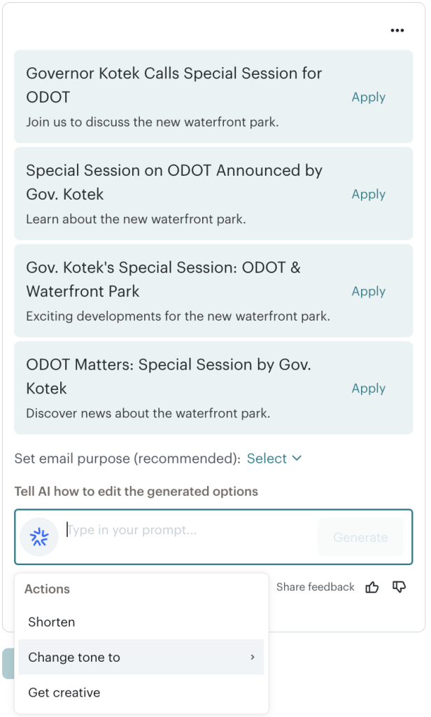 Screenshot of generated subject lines in MailChiimp