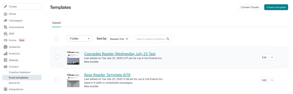 Screenshot of Templates page in MailChimp