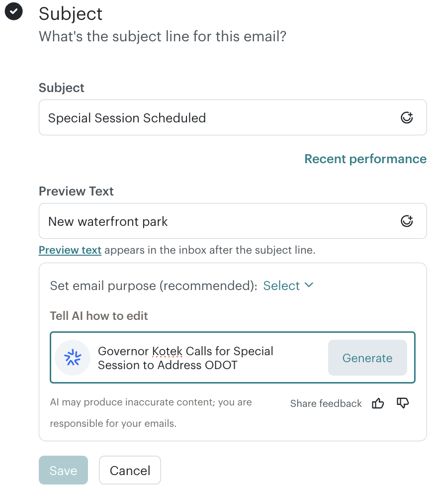 Screenshot of Email composition form from MailChiimp
