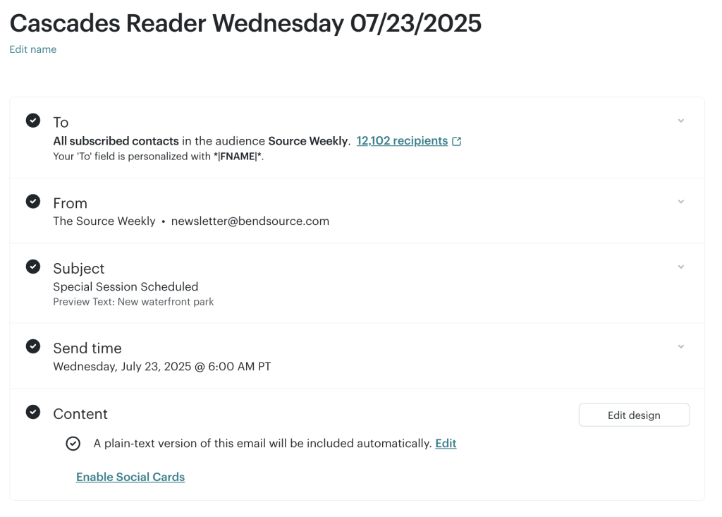 Mailchimp’s newsletter preview page allows for users to edit subject lines, schedule time, target audience, content and sender information. 