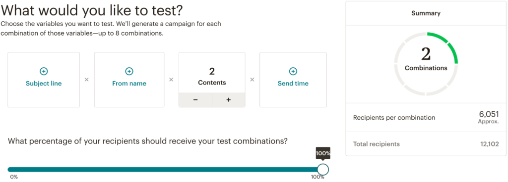 Screenshot of What would you like to test page in MailChimp