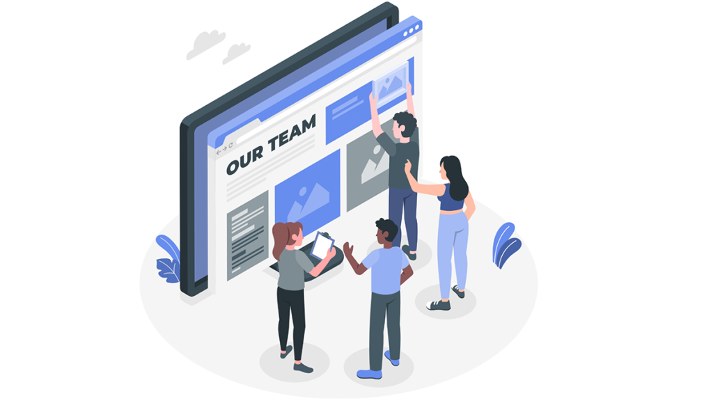Team of people looking at a giant webpage. Team of people looking at a giant webpage.