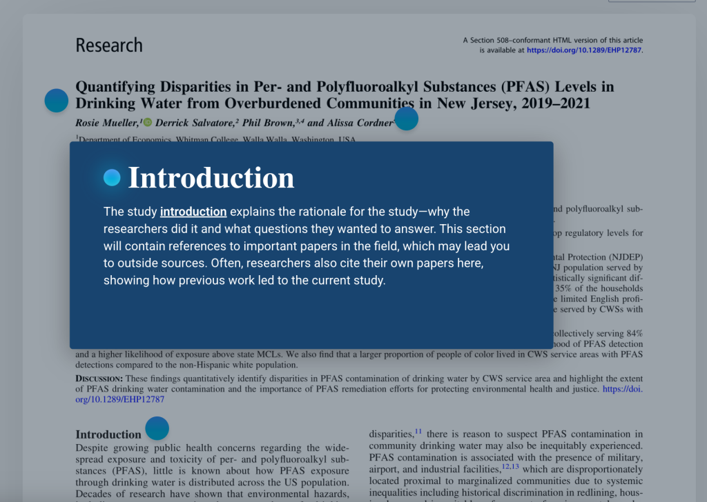 Screenshot from Science Research Navigator showing a breakdown of the elements of a scientific paper.
