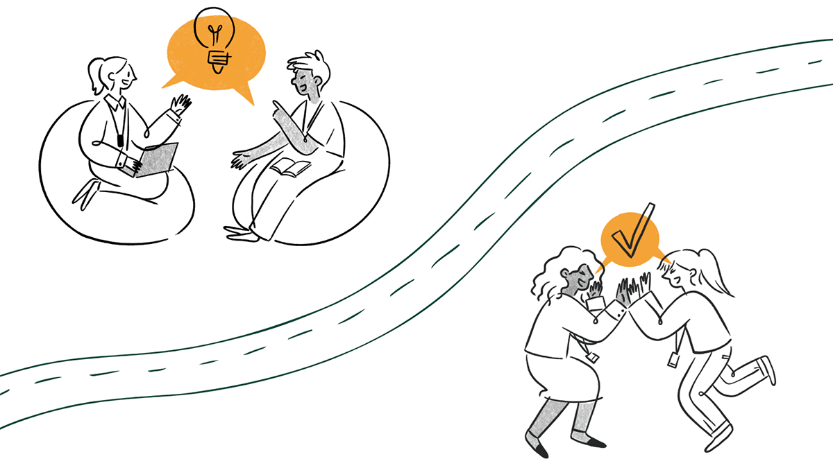 Cartoon of two pairs of people sharing ideas and plans with a path between them.