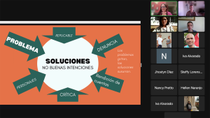 Illustration of a circle with the text Soluciones no buenas intenciones with arrows pointing inward labelled Problema, Replicable, Denuncia, Personaljes, Crítica and Rendición de cuentas. To the side are thumbnails of people, with blocks with people's names