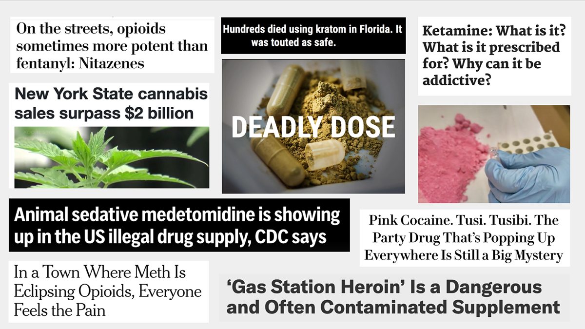 A collection of headlines about illicit and illegal drugs