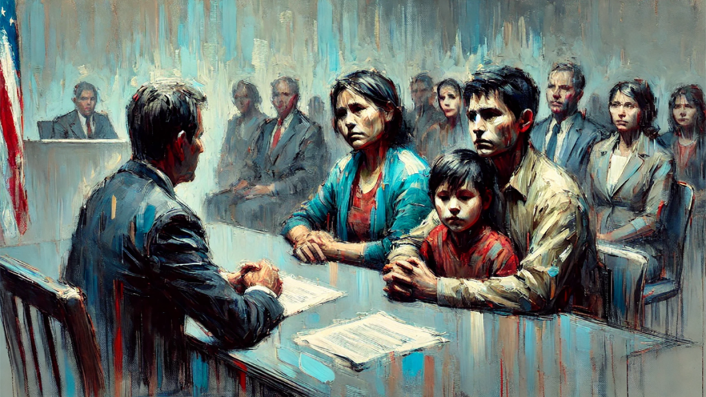 AI-generated image of a young couple with a young child sitting across a table from a man in a suit in what appears to be a court room.