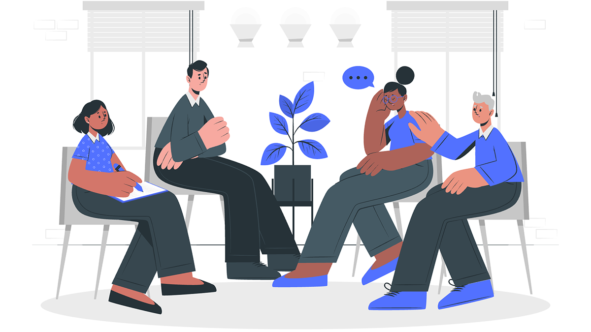 Illustration of four people sitting in a group.