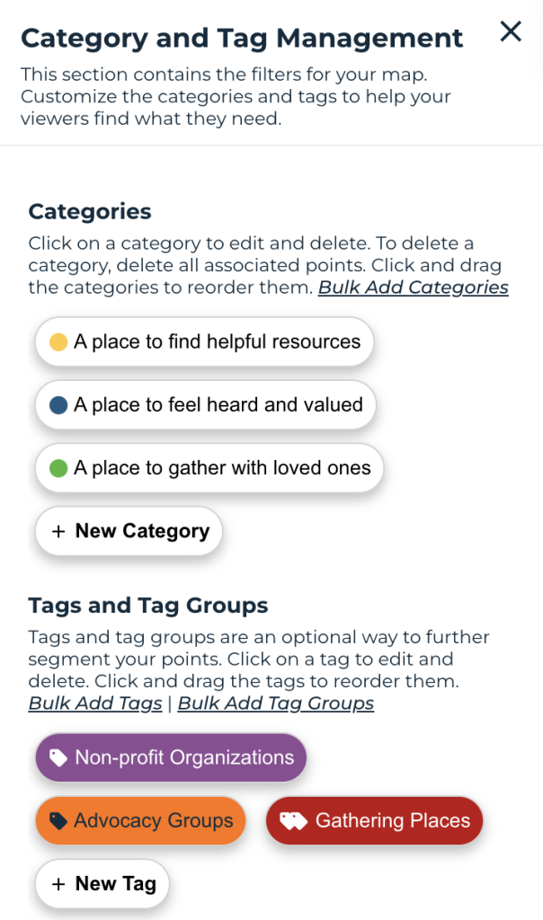 This screenshot shows the categories in the Proxi tool for community members to click on whilst pinpointing an organization or individual. 
