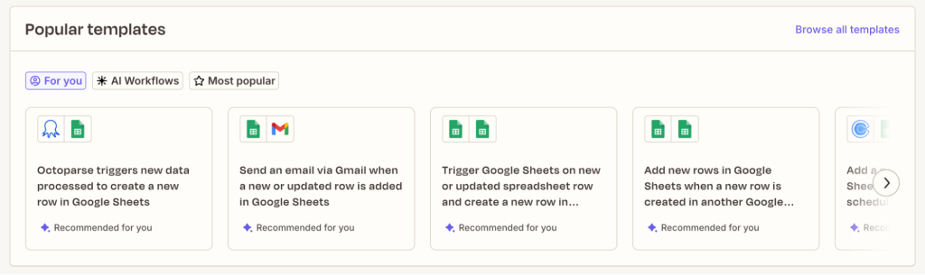 Templates can be found on the Zapier homescreen.