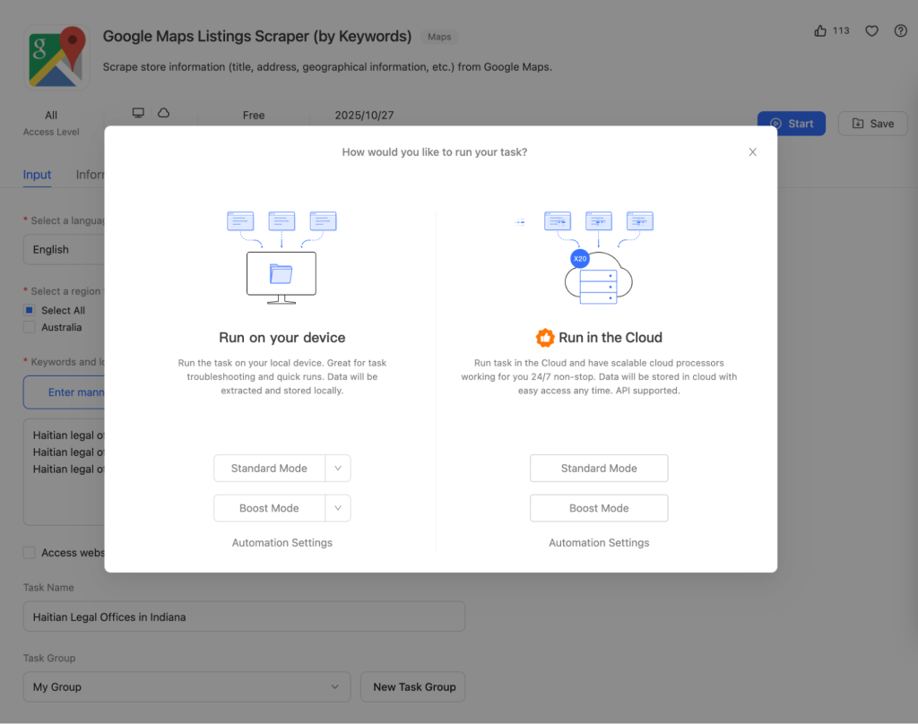 After inputting the initial Task Information and clicking ‘Start,’ Octoparse provides the option to either run the task on the desktop or in the Cloud.