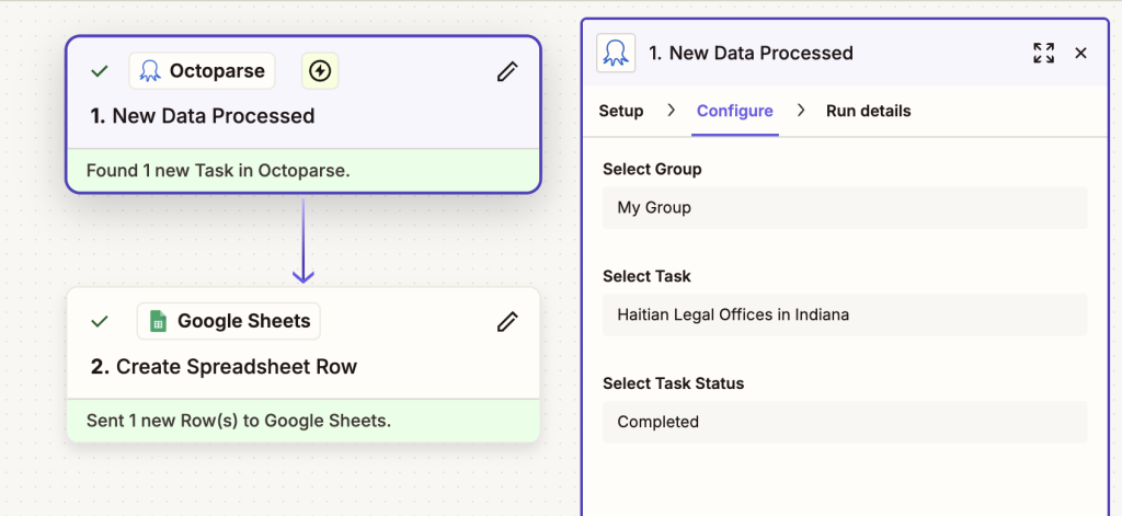 The tabs labeled “Setup,” “Configure” and “Run Details”/”Test” need to be filled out before Zapier can run the task.