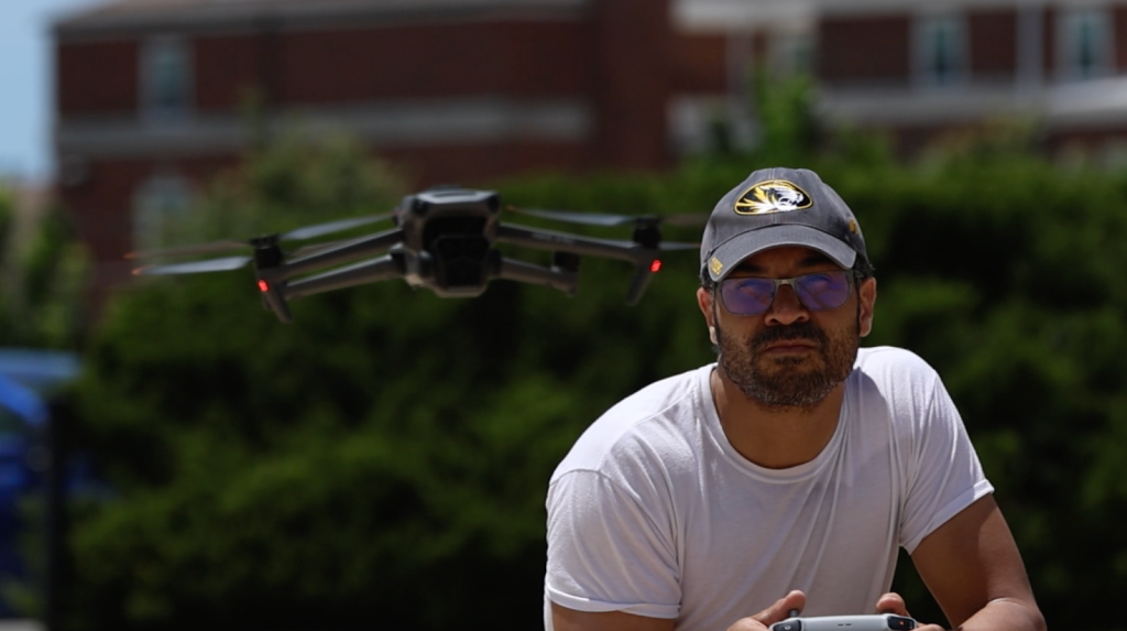 Assistant Practical Professor Dominick Lee is a Part 107 commercial drone pilot with over 500 flight hours. He teaches the Drone Journalism course at Mizzou and flys the DJI Mavic 3 Pro to capture aerial videography for KOMU 8 newscasts.