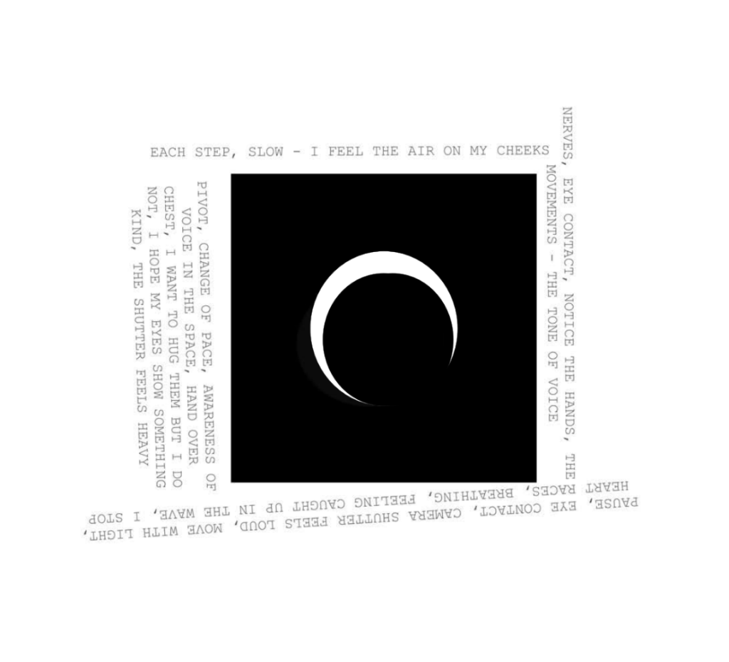 A stylized partial eclipse surrounded by typed text.
