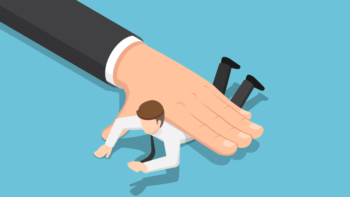 Worker being squished by a giant hand