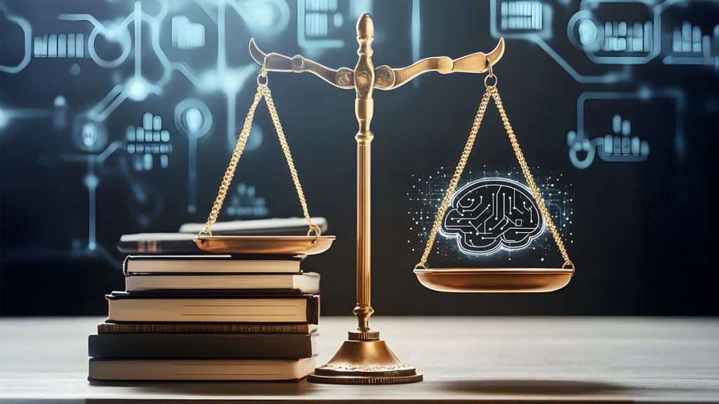 Balance scales with books on one side and an electronic brain on the other.