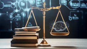 Balance scales with books on one side and an electronic brain on the other.
