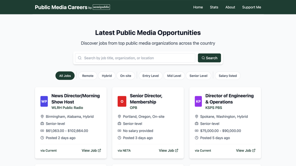 The Public Media Careers homepage, created by Alex Curley.