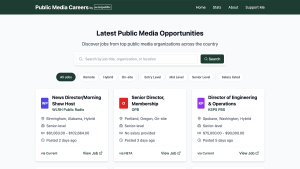 The Public Media Careers homepage, created by Alex Curley.