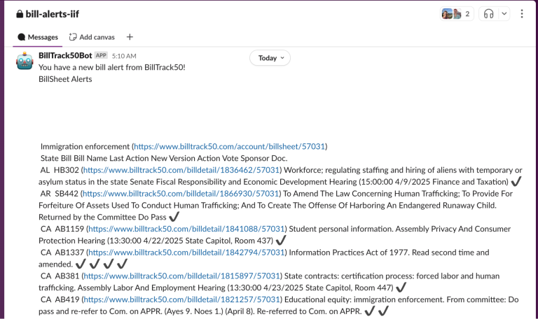 BillTrack50, which helps with tracking bills at various stages of the legislative process, could connect with Slack via Zapier.