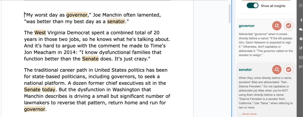 This example is a syndicated column I was editing and used as a demo for my class to show them how Stylebot works