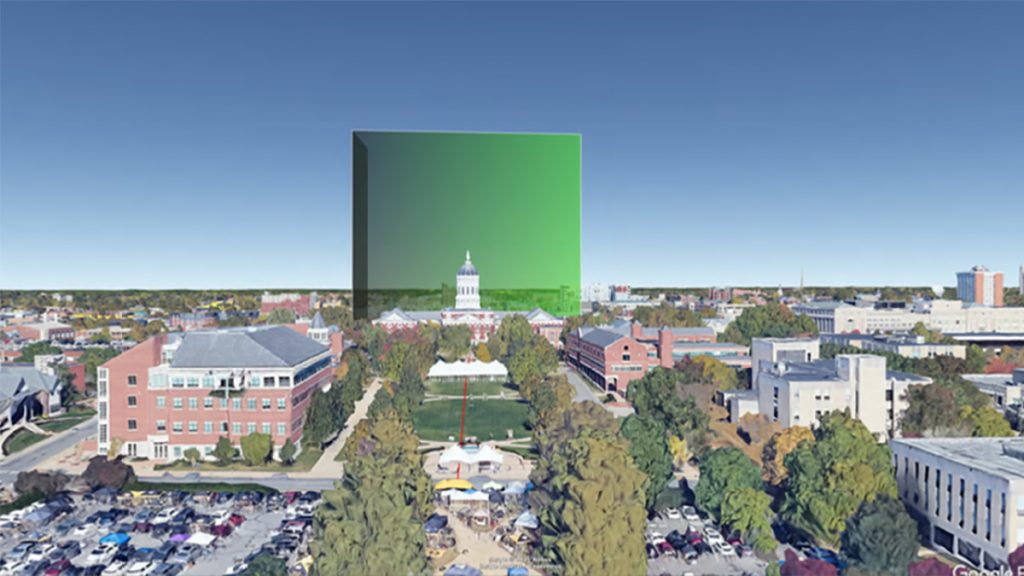 A green box showing the airspace boundaries for the show's drones over Francis Quadrangle.