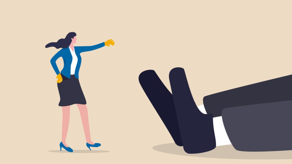 Worker stands over giant boss, who has been toppled to the ground.