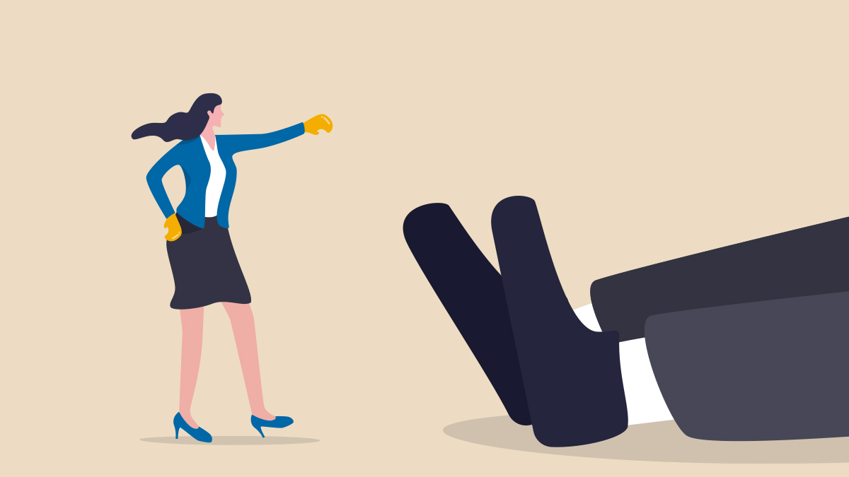 Worker stands over giant boss, who has been toppled to the ground.