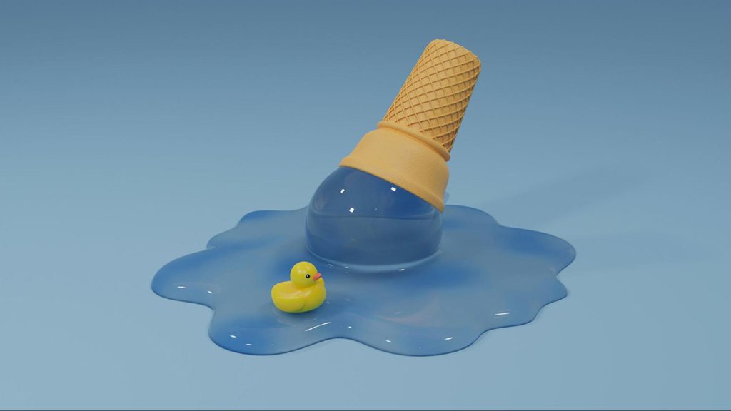 An ice cream cone on the floor melting with a rubber ducky floating in the runoff