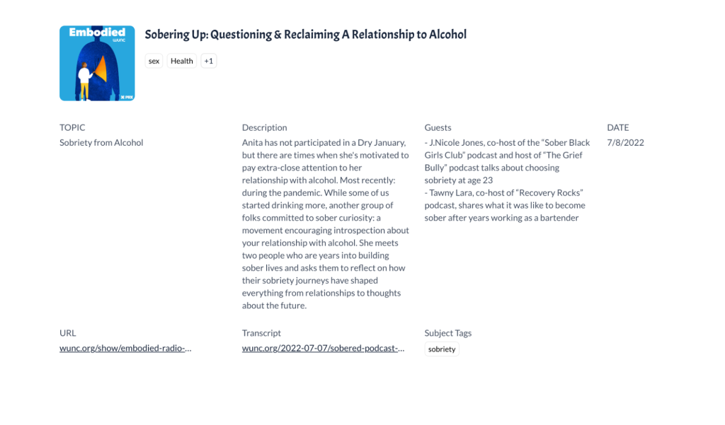 Clicking on the episodes on the Podcast Explorer homepage takes viewers to a page similar to this, detailing information beyond the title.