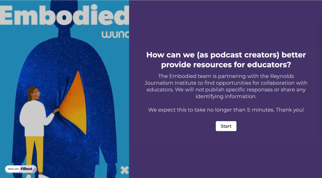 The frontpage of the survey features the Embodied logo and gives context to the project.