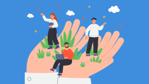 Three workers held up by hands of giant.