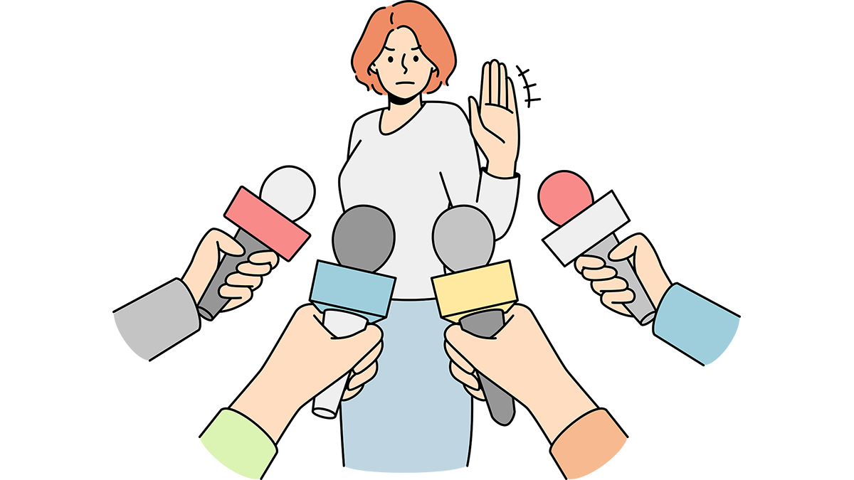 Cartoon of woman waving off questions from reporters.